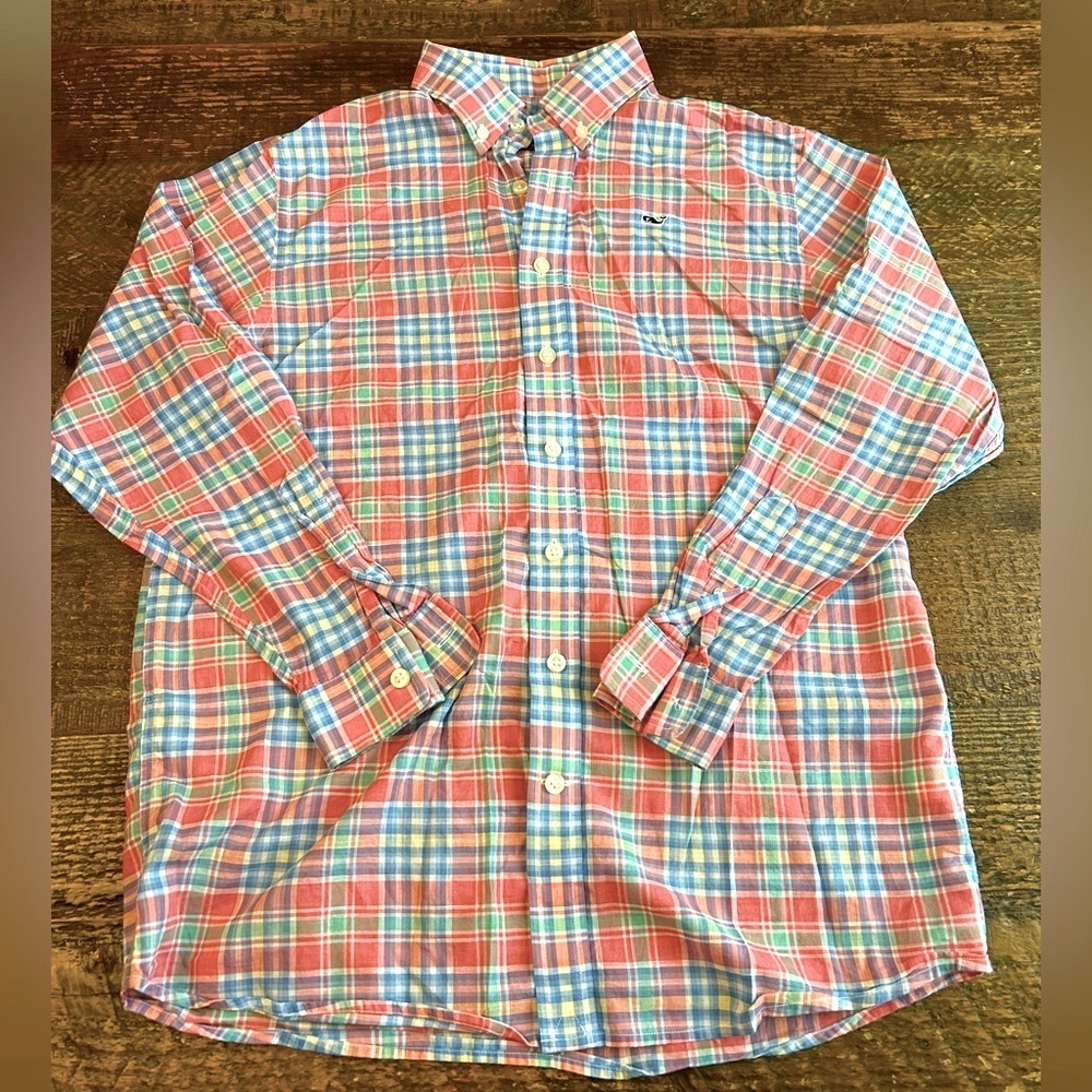 - Vineyard Vines Boys Madras Plaid Button Down sz L (16) NWOT